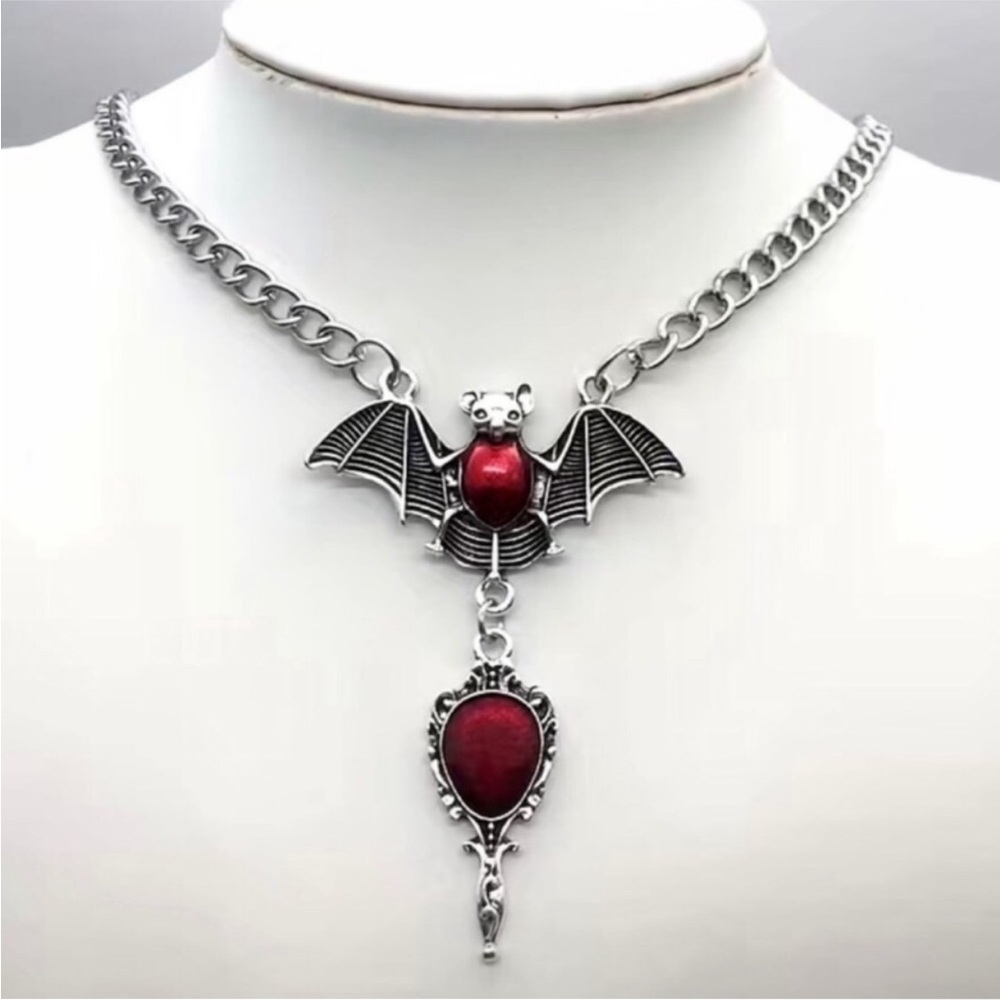 Women Red Bat Choker Gothic Bat Cross Pendant Choker Necklace Cosplay Punk Biker